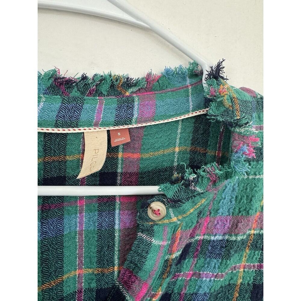 Anthropologie Pilcro Cropped Puff-Sleeve Soft Crinkle Green Plaid Blouse Small - Picture 7 of 13